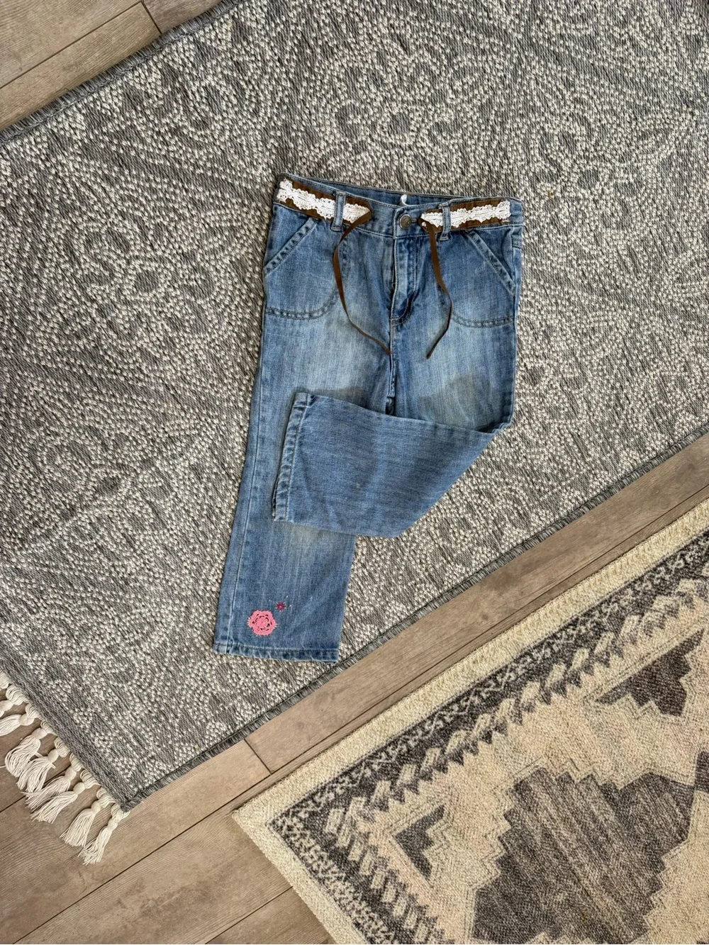 VTG y2k OshKosh B'gosh Toddler Girls Floral Embroidered Belted Jeans Boho 3T